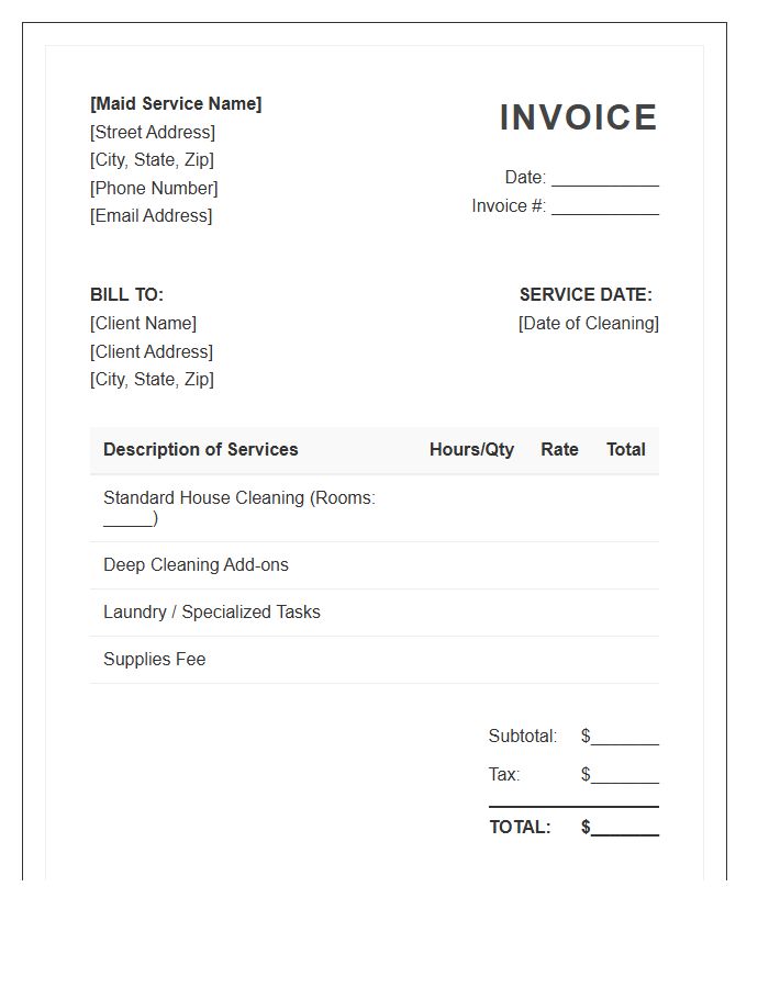 Standard Residential Maid Invoice Template
