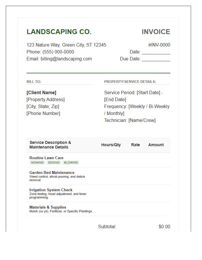 Detailed Landscaping Maintenance Invoice Template