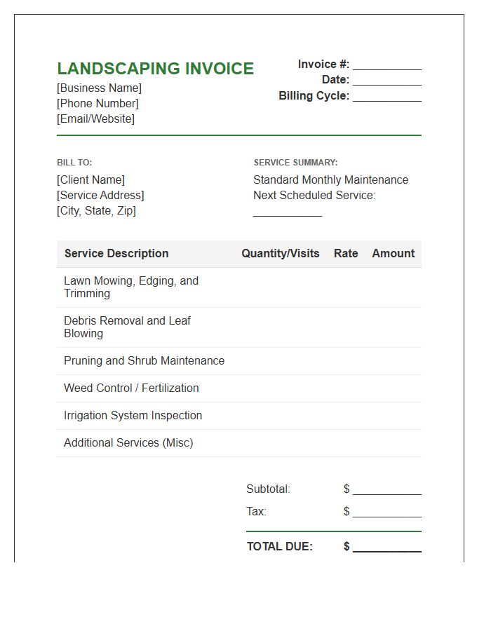 Monthly Landscaping Maintenance Invoice Template