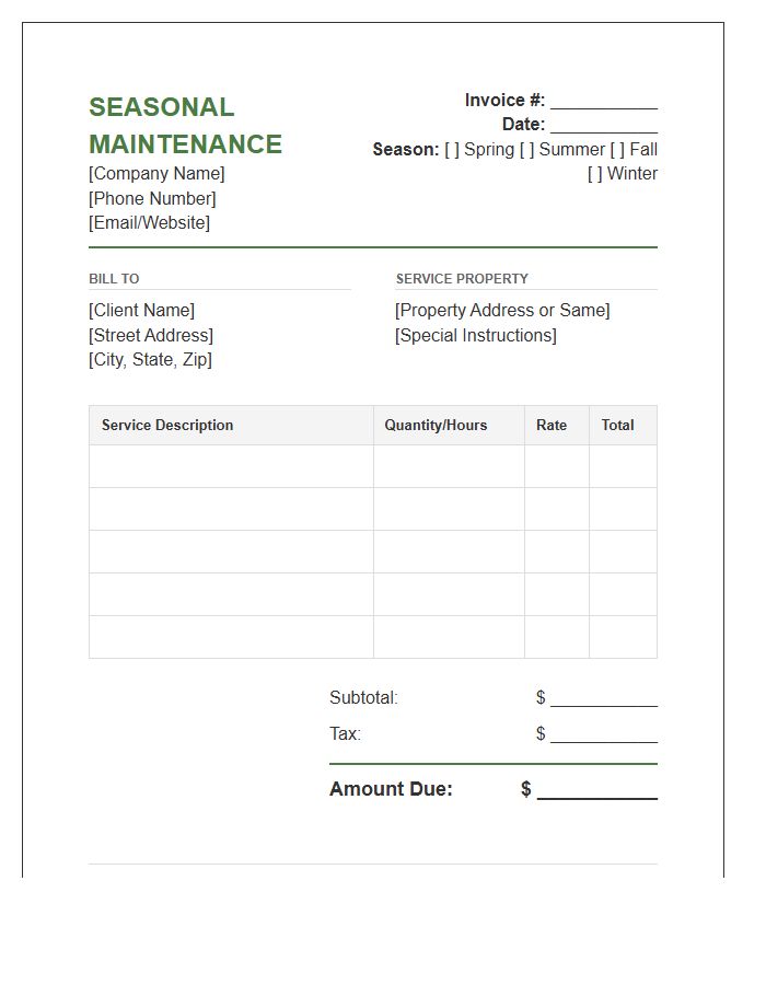 Seasonal Landscaping Maintenance Invoice Template
