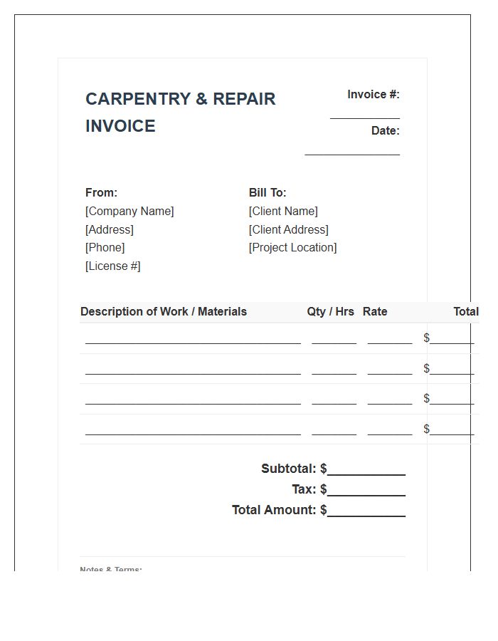 Carpentry Handyman Repair Invoice Template