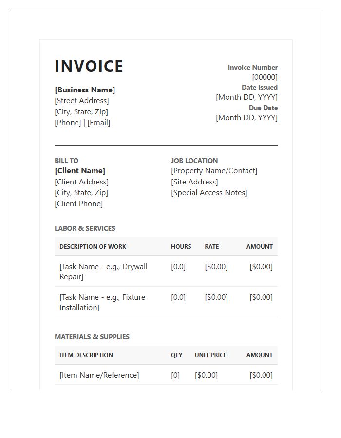 Detailed Handyman Job Invoice Template