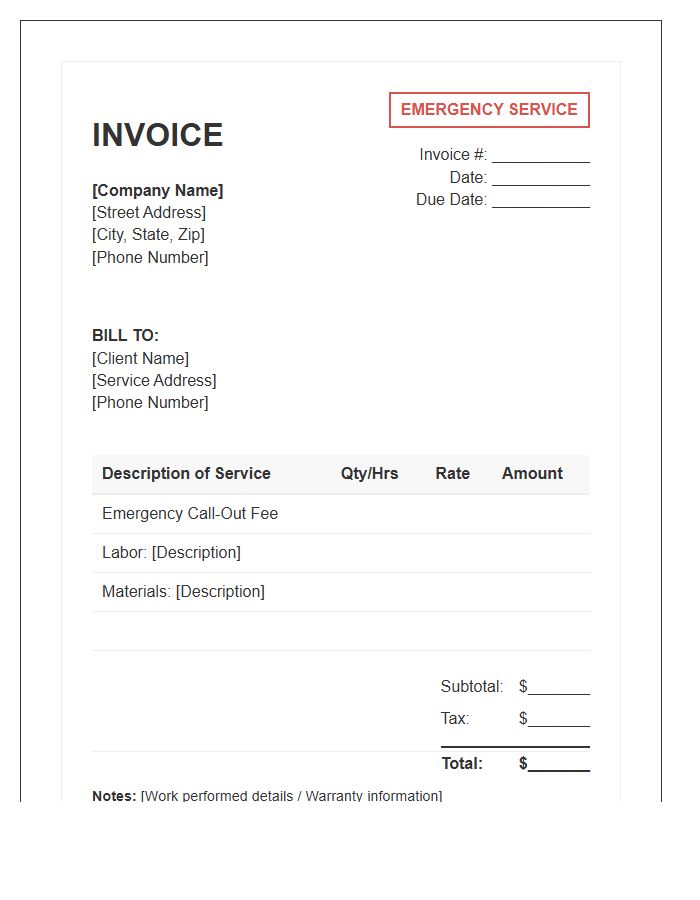 Emergency Handyman Service Invoice Template
