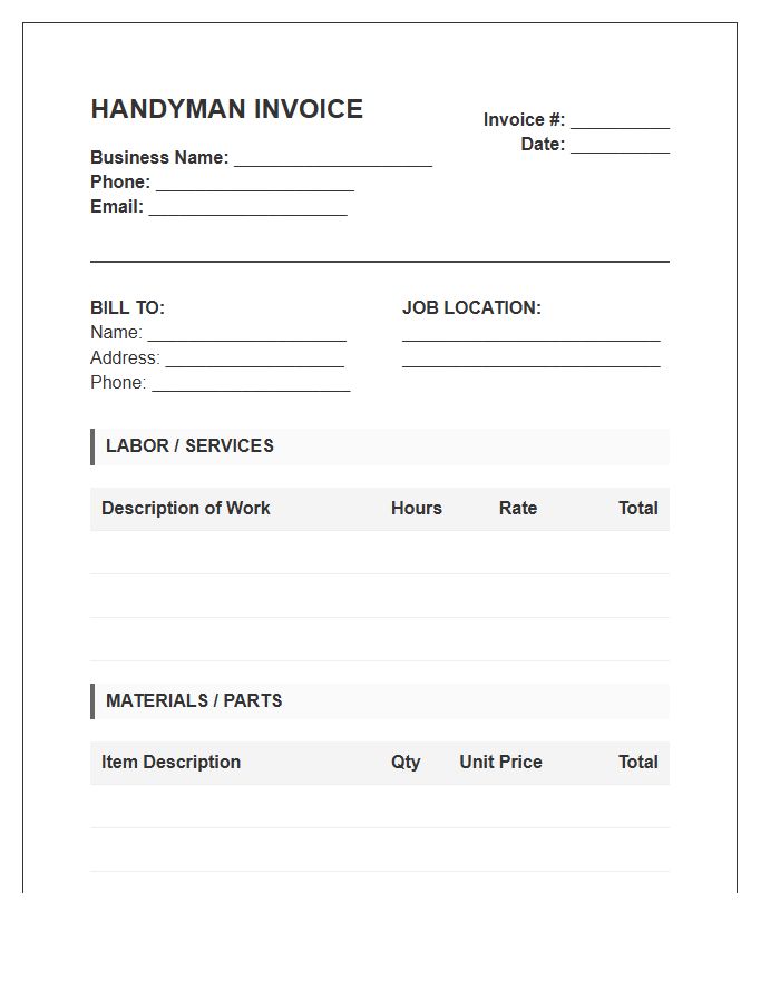Handyman Labor And Materials Invoice Template