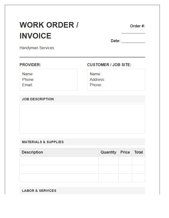Handyman Work Order Invoice Template