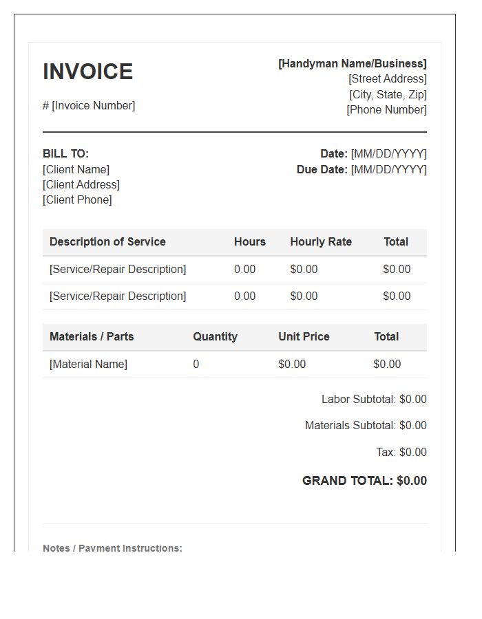 Hourly Rate Handyman Repair Invoice Template