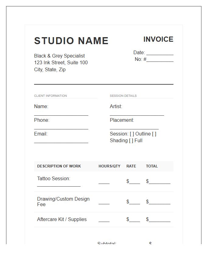 Black and Grey Tattoo Session Invoice Template