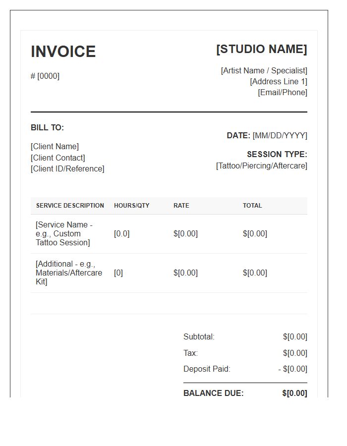 Body Art Specialist Session Invoice Template