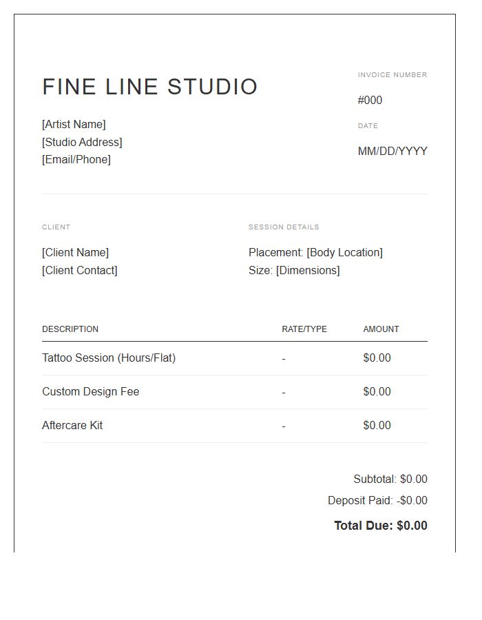 Fine Line Tattoo Artist Invoice Template