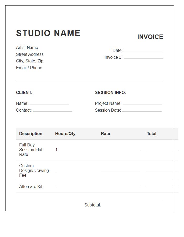 Full Day Tattoo Session Invoice Template