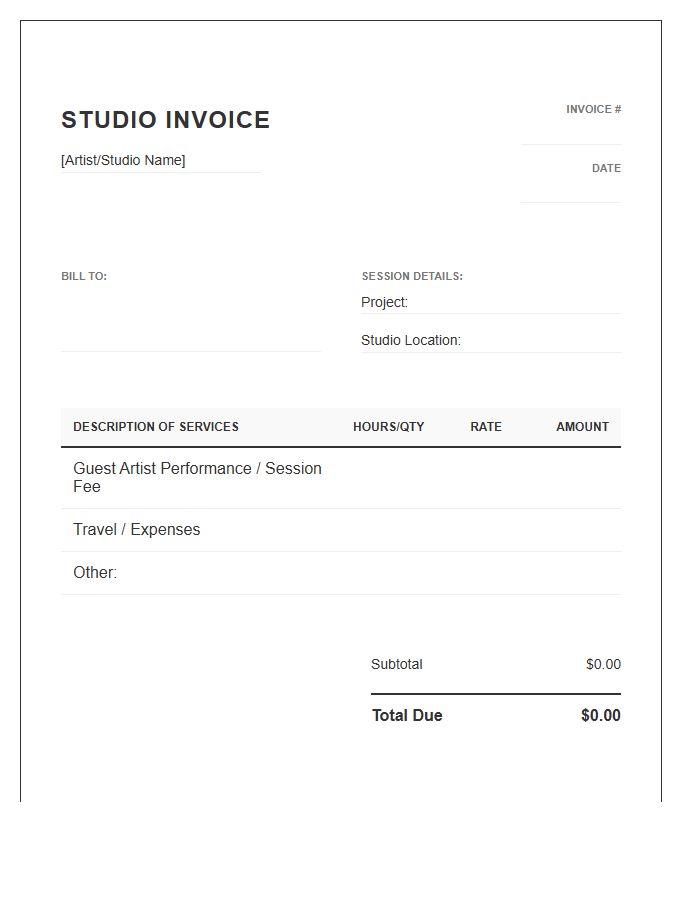 Guest Artist Studio Session Invoice Template