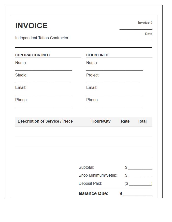 Independent Tattoo Contractor Service Invoice Template