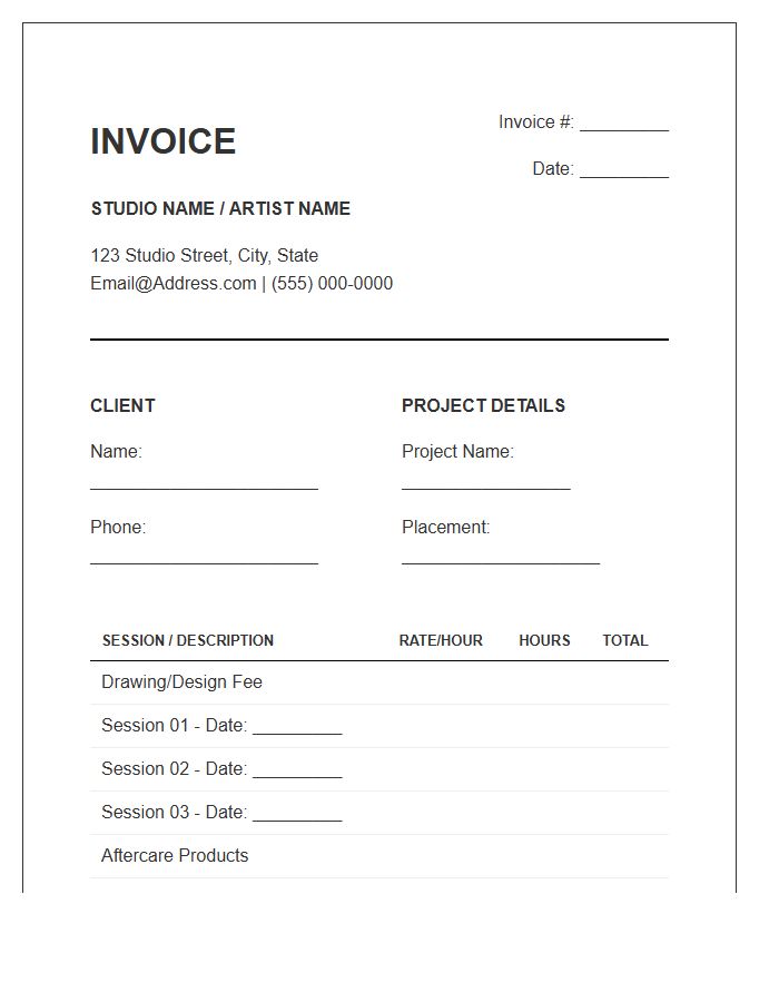 Large Scale Tattoo Project Invoice Template
