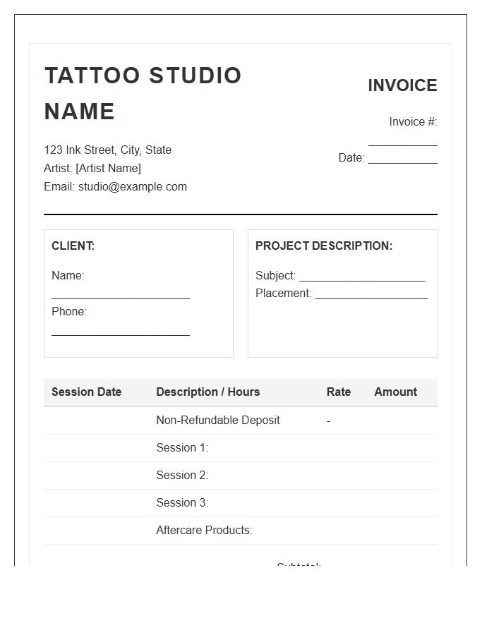 Multi Session Tattoo Piece Invoice Template