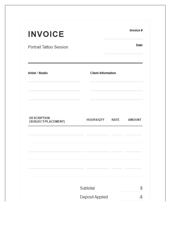 Portrait Tattoo Session Billing Invoice Template