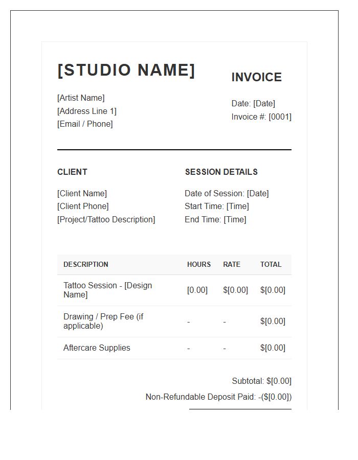 Professional Tattoo Artist Hourly Session Invoice Template