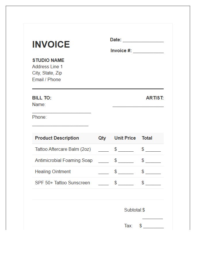 Tattoo Aftercare Product Sales Invoice Template