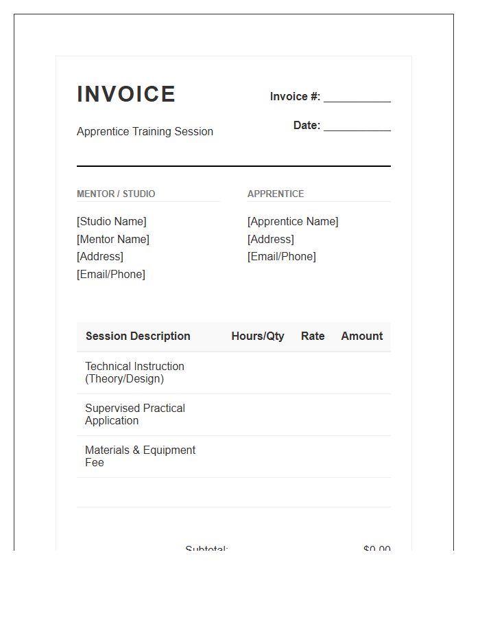 Tattoo Apprentice Training Session Invoice Template