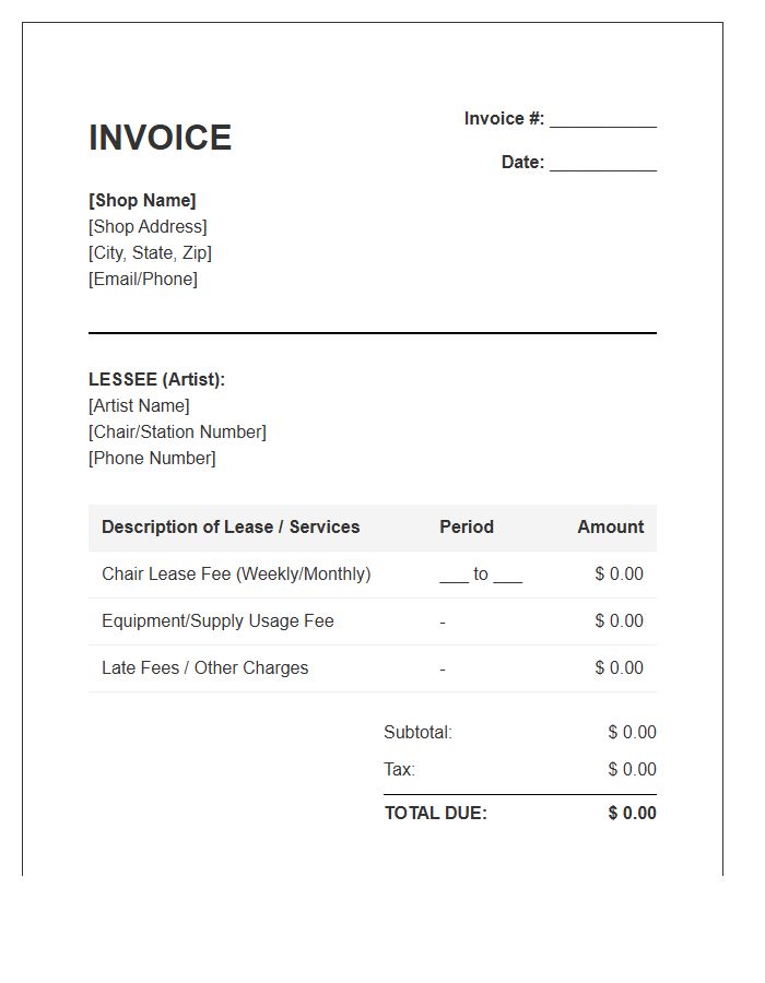 Tattoo Shop Chair Lease Invoice Template