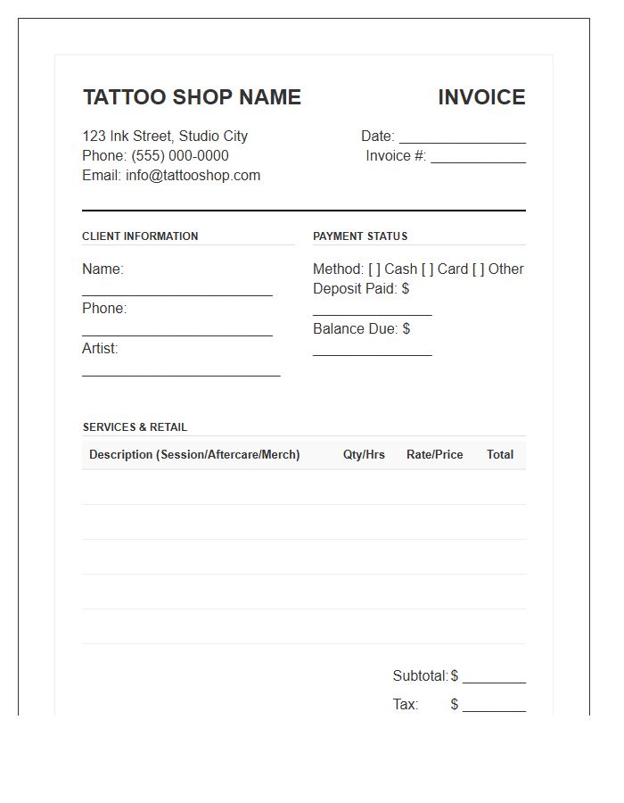 Tattoo Shop Retail and Service Invoice Template