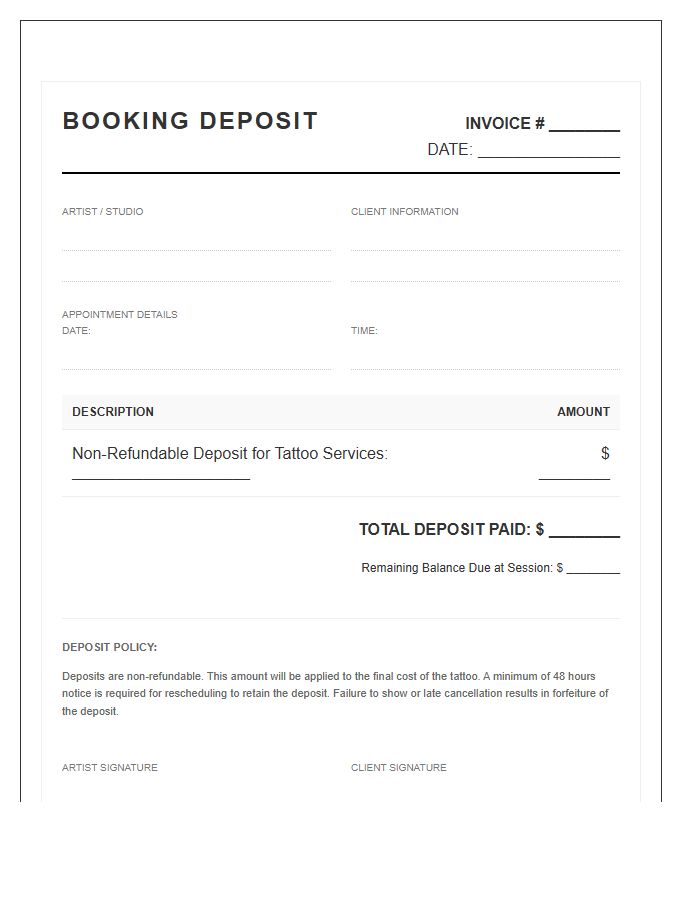 Tattoo Studio Booking Deposit Invoice Template