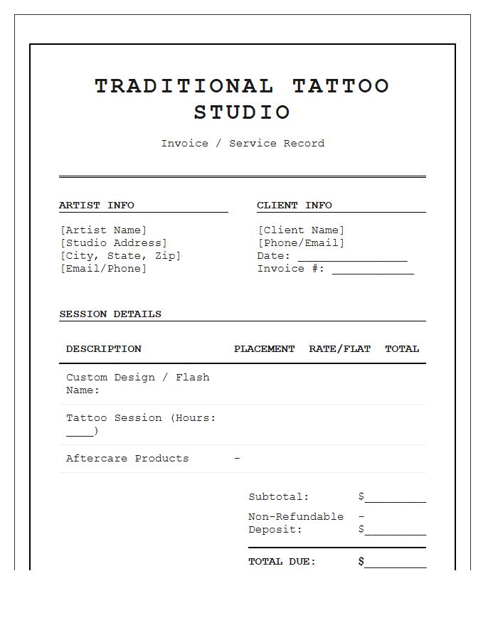 Traditional Tattoo Art Work Invoice Template