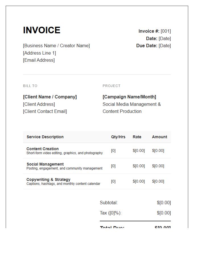 Content Creation And Social Management Invoice Template