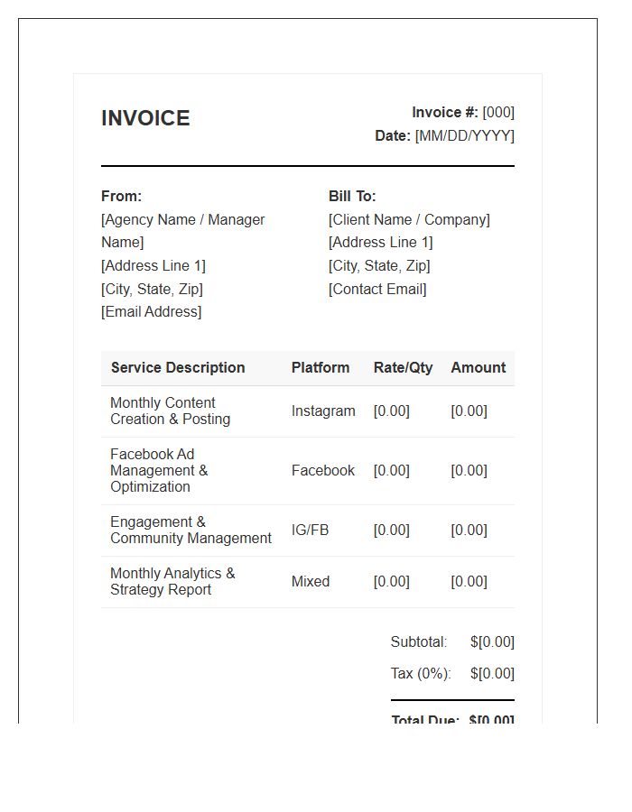 Instagram And Facebook Management Service Invoice Template