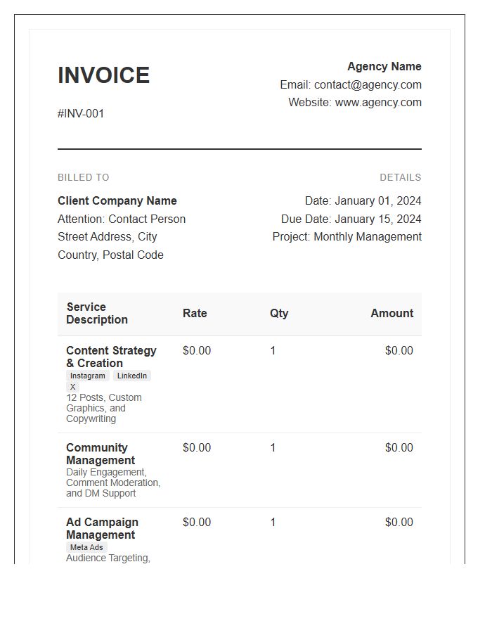 Multi Platform Social Media Management Invoice Template
