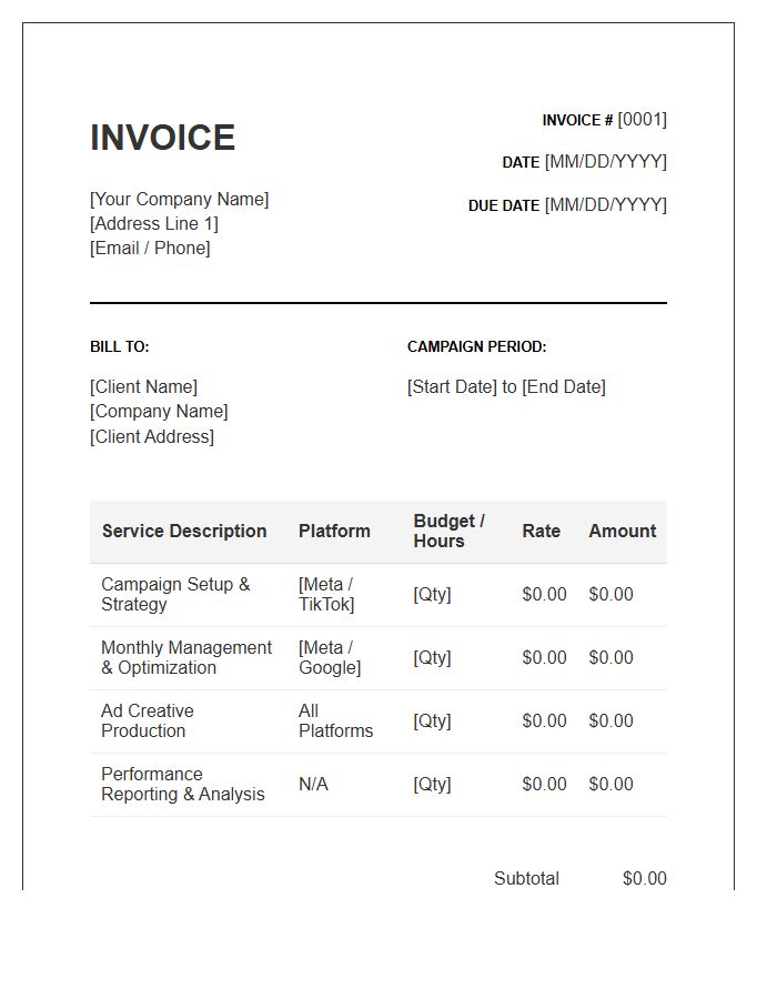 Paid Social Media Campaign Management Invoice Template