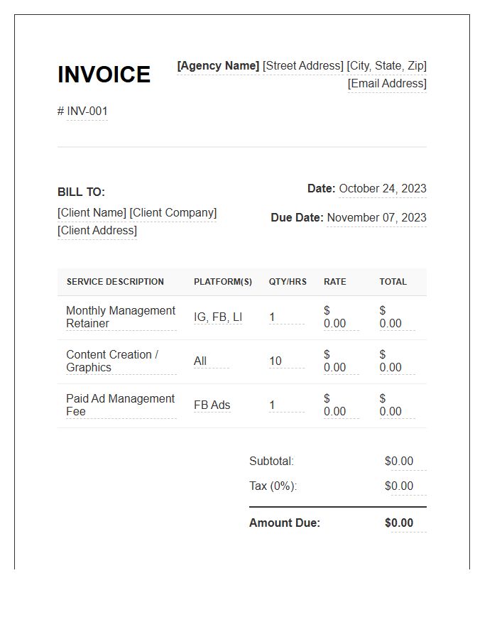 Social Media Account Management Billing Invoice Template