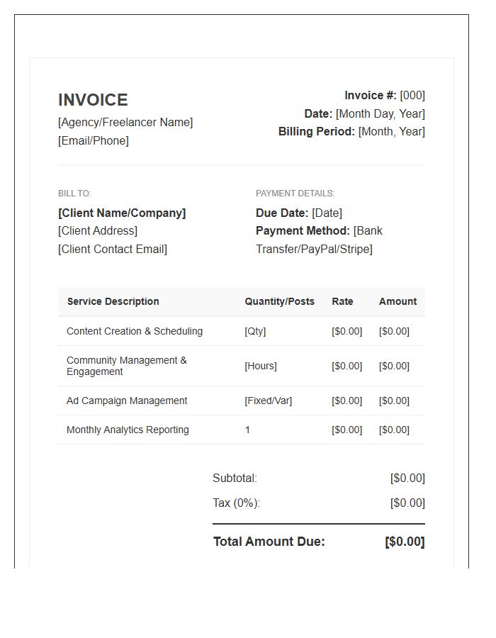 Social Media Engagement Service Monthly Invoice Template