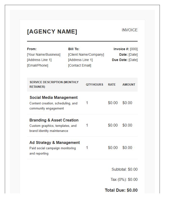 Branding And Social Media Retainer Invoice Template