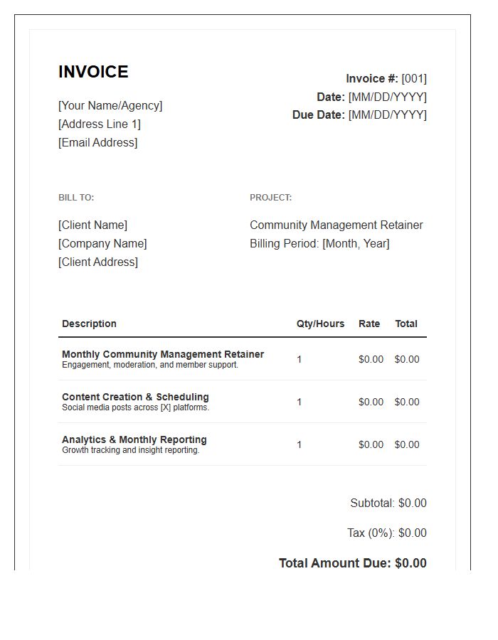 Community Management Social Media Retainer Invoice Template