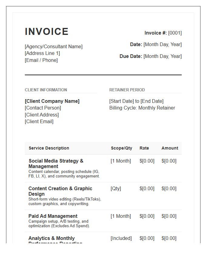 Comprehensive Social Media Services Retainer Invoice Template