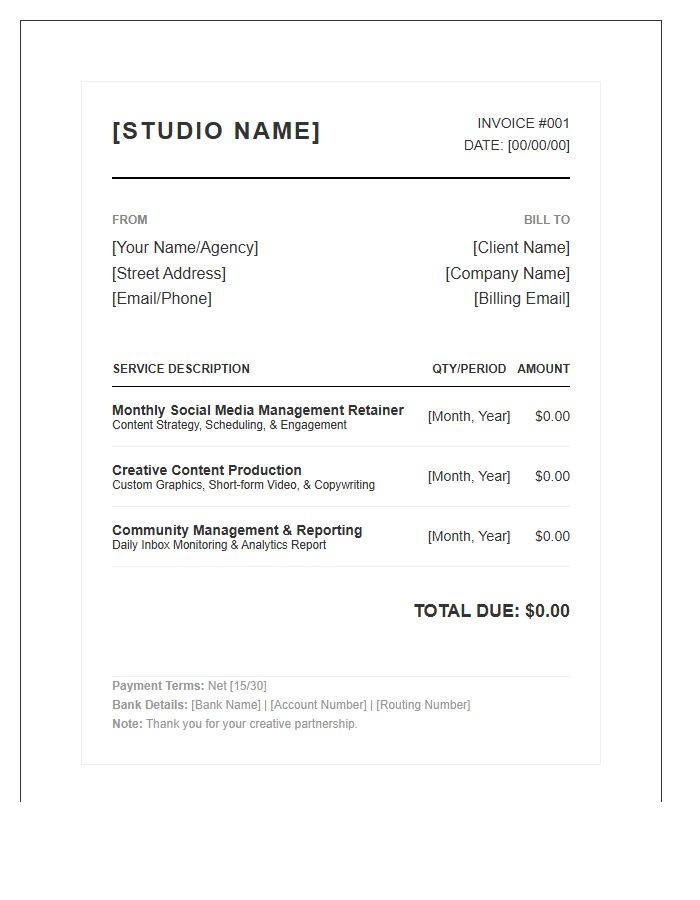 Creative Social Media Retainer Invoice Template