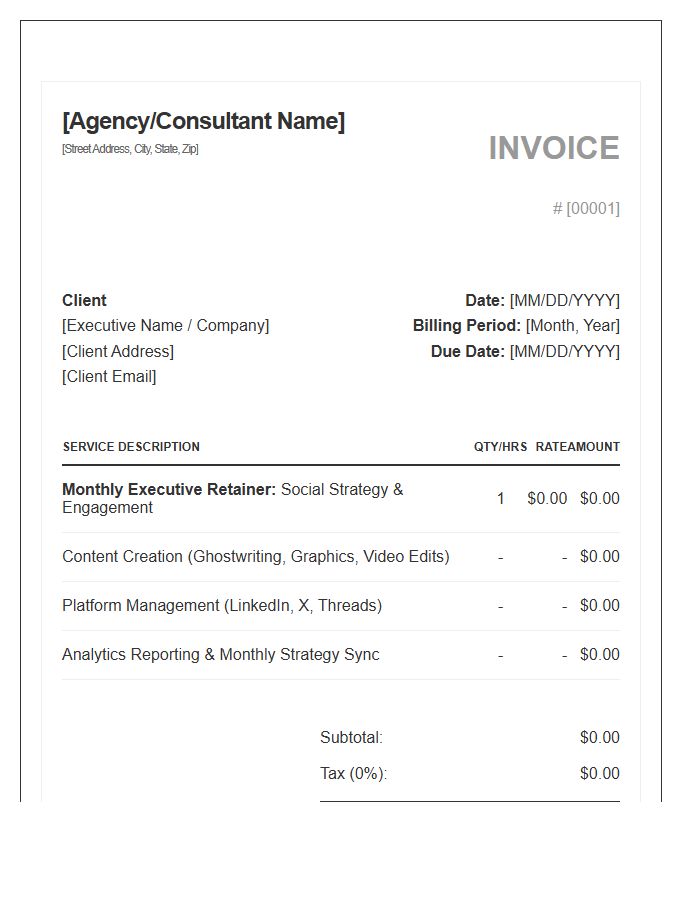 Executive Social Media Management Retainer Invoice Template