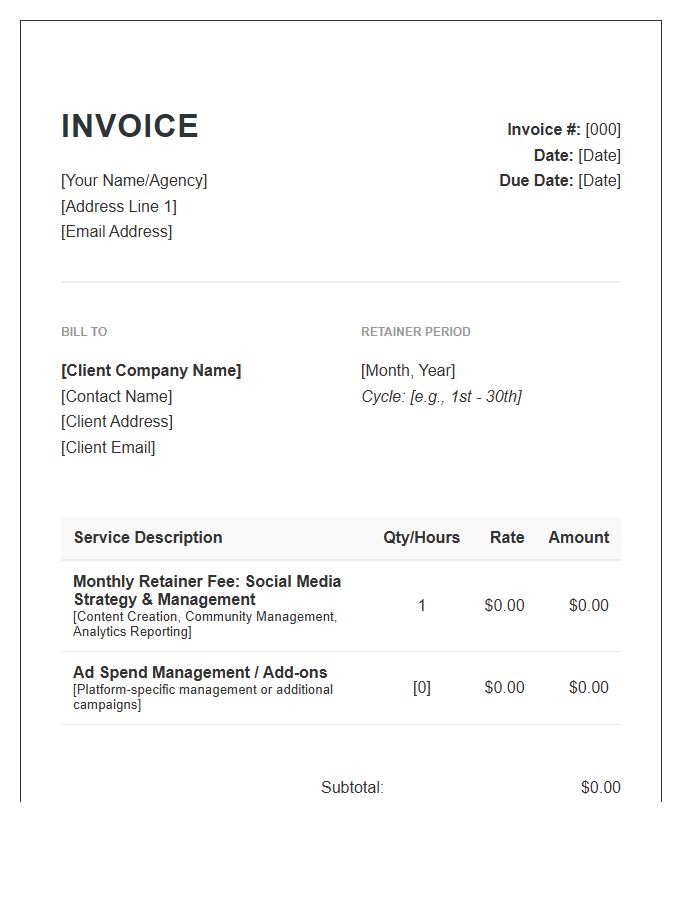 Freelance Social Media Consultant Retainer Invoice Template