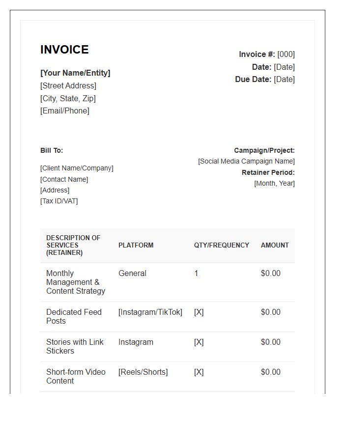 Influencer Marketing Social Media Retainer Invoice Template