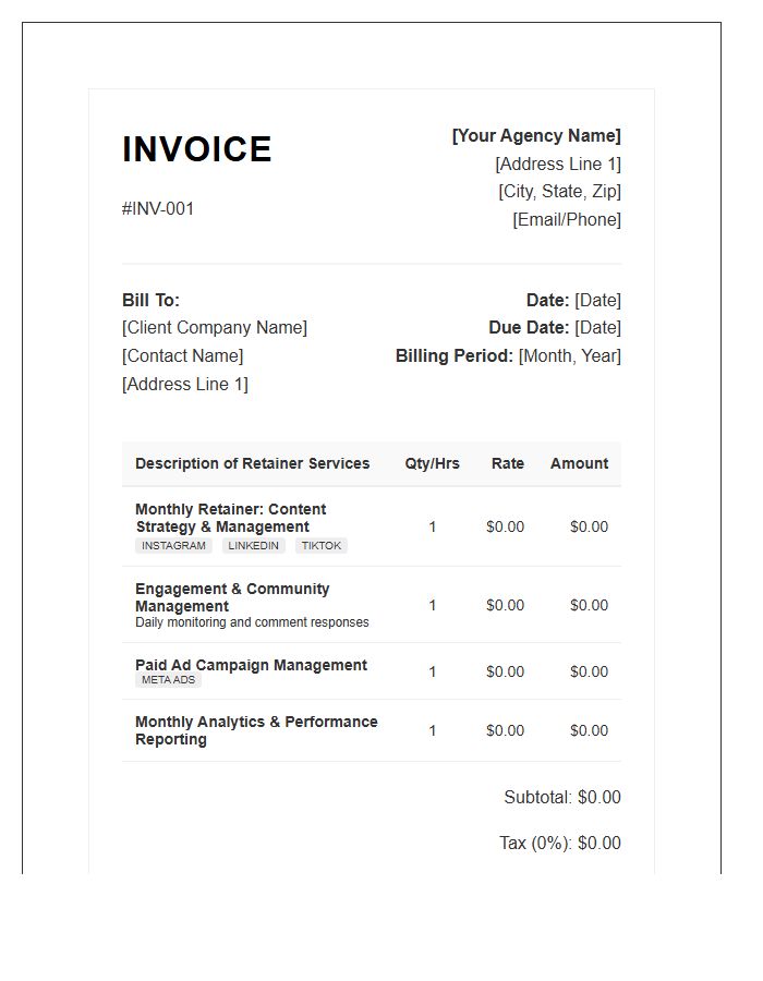 Multi Platform Social Media Retainer Invoice Template