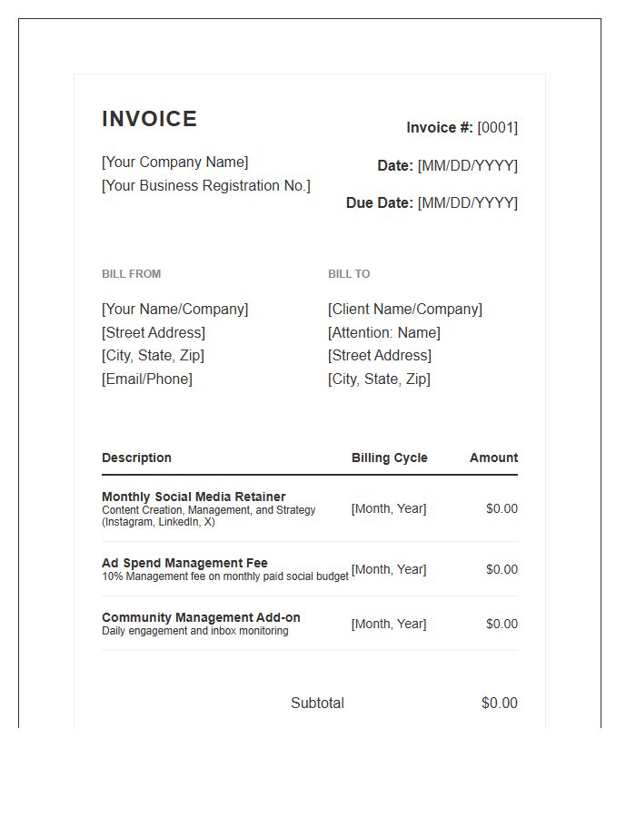 Professional Social Media Retainer Invoice Template