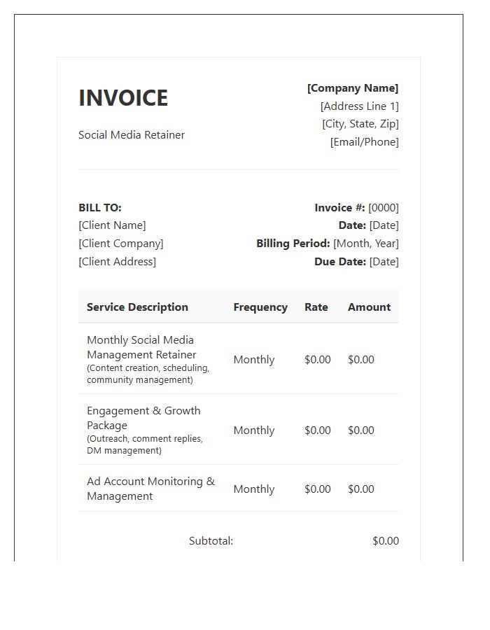 Recurring Social Media Management Retainer Invoice Template
