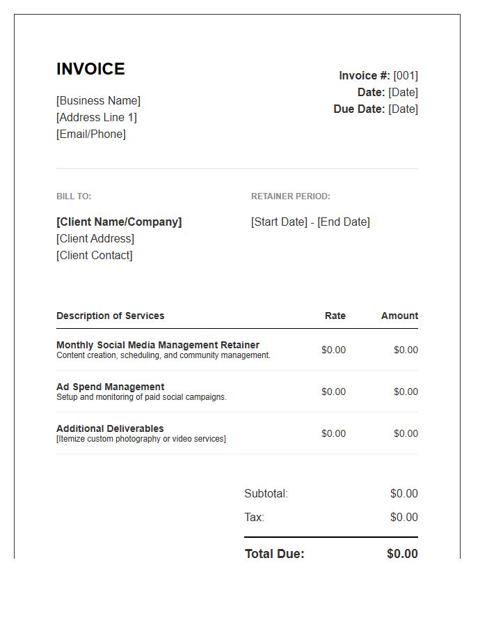 Small Business Social Media Retainer Invoice Template