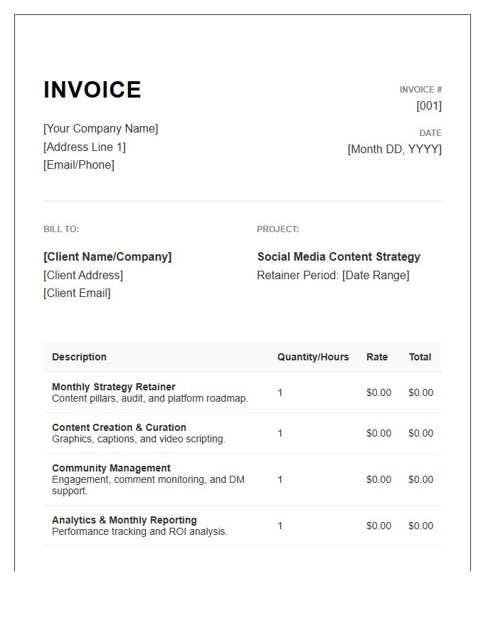 Social Media Content Strategy Retainer Invoice Template