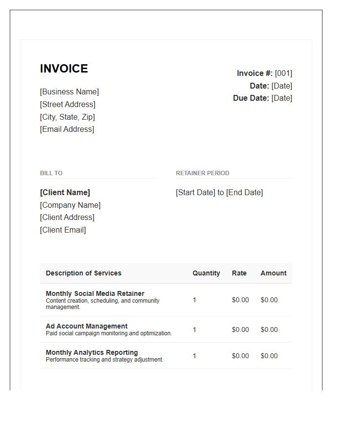 Standard Social Media Manager Retainer Invoice Template