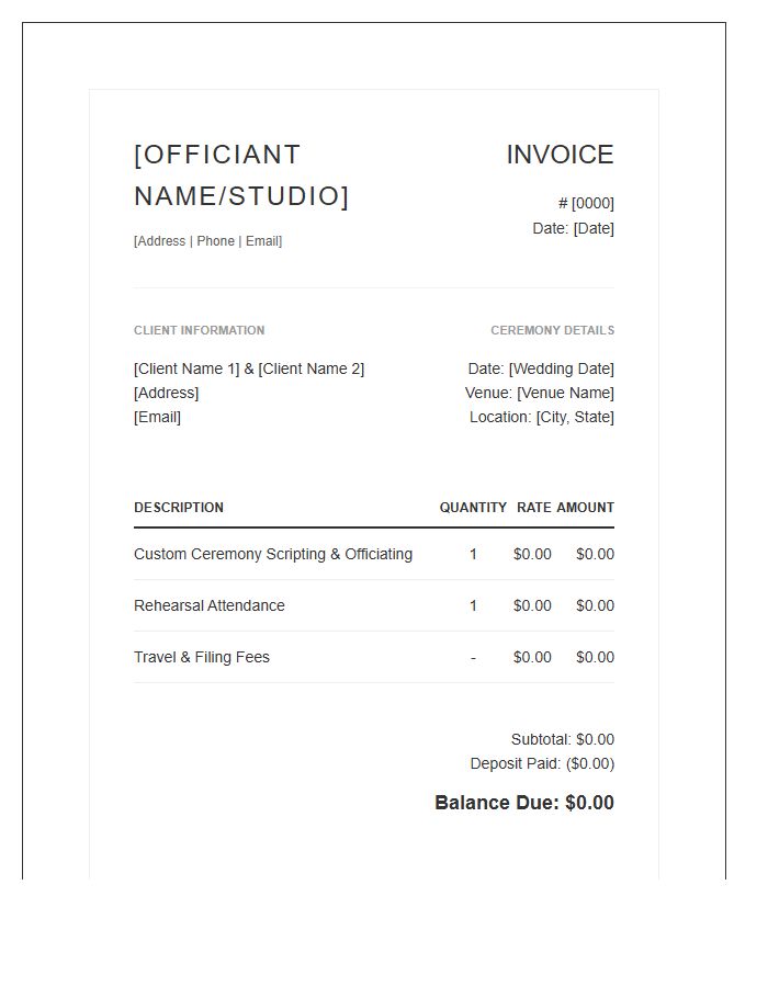 Boutique Wedding Officiant Invoice Template
