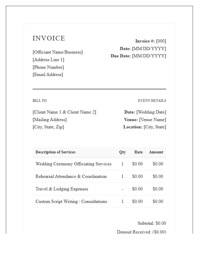 Formal Wedding Officiant Invoice Template