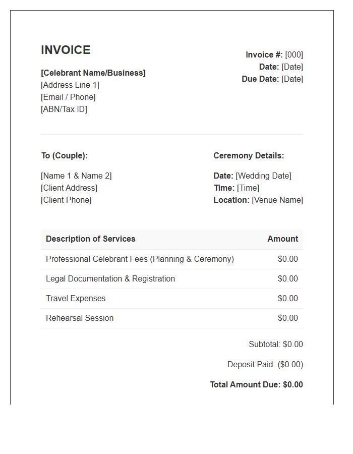 Marriage Celebrant Service Invoice Template