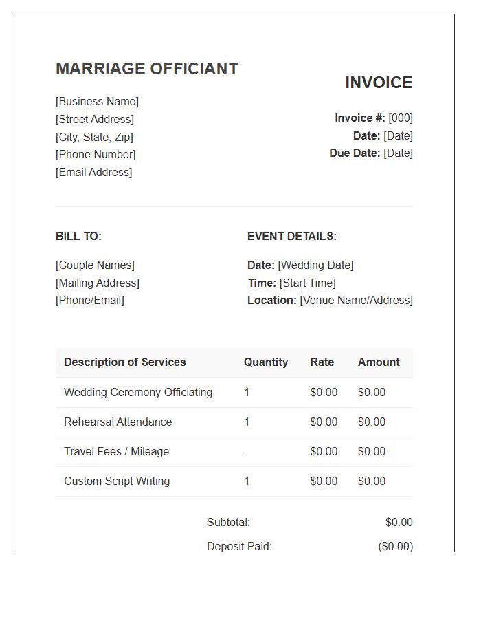 Marriage Officiant Business Invoice Template