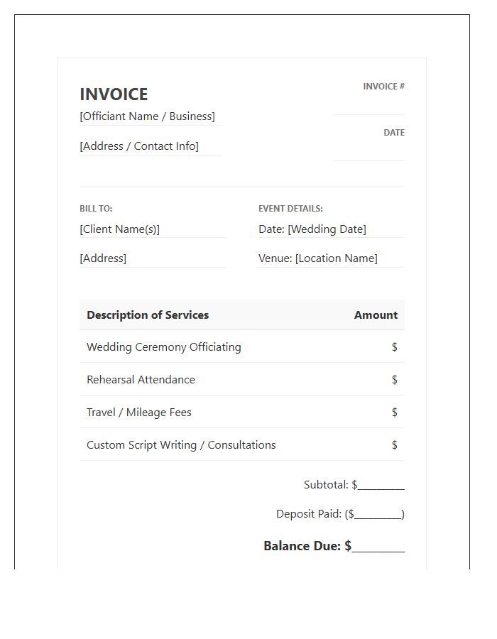 Official Wedding Officiant Invoice Template
